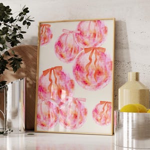 Trendy Disco Coquette Bow Print, Preppy Pink and Orange Disco Balls, Aesthetic Dorm Room Decor, Bachelorette Poster, Maximalist Wall Art