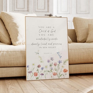 Psalm 139, Bible Verse Wall Art, Scripture Print, Christian Gift, You are a Child of God Wonderfully Made Dearly Loved, Floral Print Nursery