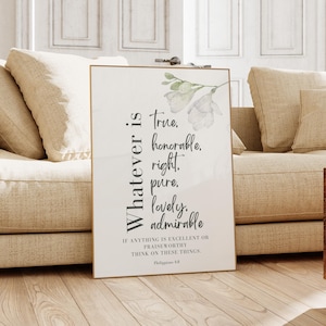 Filipenses 4:8 Todo lo que es verdad, versículo bíblico, arte de pared, regalo de bautismo, arte de pared de las Escrituras modernas, decoración de granja imprimible, letrero con versículo bíblico