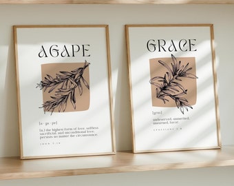 Set of 2 Agape & Grace Printable Wall Art Agape print Grace Print Christian Wall Art Bible Verse Wall Art Christian Scripture Wall Art Print