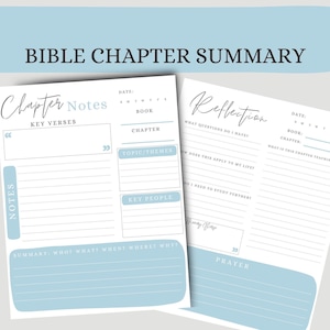May include: Printable Bible study journal pages with blue accents. The pages include sections for chapter notes, key verses, topic/themes, key people, summary, reflection, questions, prayer, and a place to write a memory verse.