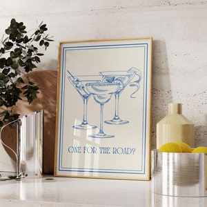 Trendy Wall Art Print, Blue Retro Poster ,One For The Road, Bar Cart, Modern Illustration, Retro Decor Trendy Wall Art, Bar Cart Art