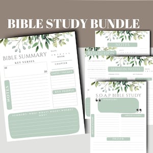 May include: A printable Bible study bundle with four pages featuring a green watercolour floral design. The pages include sections for Bible summary, notes, reflection, sermon notes, and S.O.A.P. Bible study.