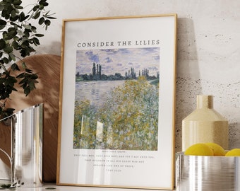 Luke 12:27, Consider the Lilies Bible Verse Print, Christian Wall Art, Minimalist Floral Christian Poster, Encouraging Christian Printables