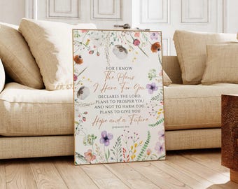 Jeremiah 29:11, Floral Bible Verse Wall Art, Scripture Wall Art, Bible Verse Prints, Floral Scripture, Christian Home Decor, Floral Wall Art