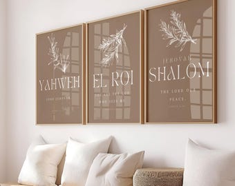 Set of 3 Minimalist Hebrew Names of God Prints, Christian wall art, Yahweh, El Roi, Shalom, Minimalist wall art, Christian Wall Art
