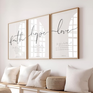 Set van 3 geloof hoop liefde bijbelvers muur kunst wordt afgedrukt schrift Home decor Hebreeën 11, Jeremia 29 11, John 3 16 christelijke schrift kunst aan de muur