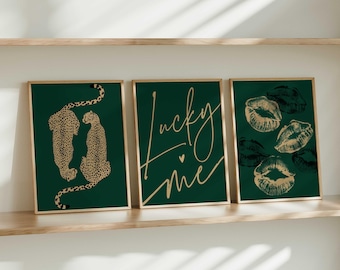 Retro Emerald Wall Art Prints, Cheetah, Kiss Lips (Digital Download)