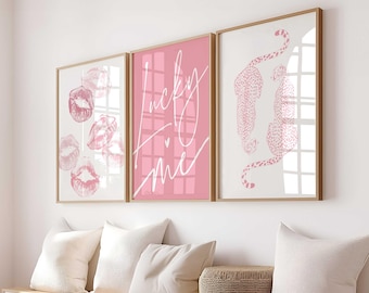 Pink Preppy Wall Art Print Set, Cheetah, Kisses (Digital Download)