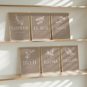 Set of 6 Hebrew Names of God printable, El Roi Yahweh Jireh Rapha Nissi Shalom, Christian wall art, Minimalist wall art, Names of God