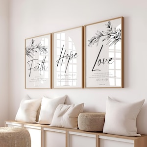 Juego de 3 láminas con mensajes de fe, esperanza y amor, arte mural con versículos bíblicos, arte mural con citas de las Escrituras, Hebreos 11, Jeremías 29, Juan 3 y 16. Láminas de decoración cristiana para el hogar.