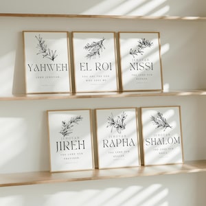 Conjunto de 6 pôsteres com os nomes hebraicos de Deus - Arte de parede cristã: El Roi, Yahweh, Jireh, Rapha, Nissi, Shalom - Impressão com versículo bíblico para decoração de parede