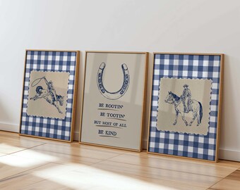 Set of 3 Western Print, Vintage Cowboy Rodeo Wall Art Set, Retro Aesthetic, Rustic Print, Horseshoe Gingham Wild West Home Decor