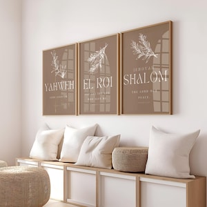 Set of 3 Hebrew Names of God Prints, Yahweh El Roi Shalom Christian wall art, Names of God,  Minimalist Wall Art, Bible Verse Wall Art