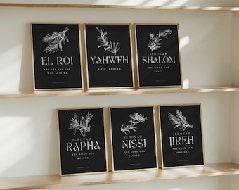 Set of 6 Hebrew Names of God: El Roi Yahweh Jireh Rapha Nissi Shalom, Minimalist Wall Art, Scripture Print, Printable Christian Wall Art