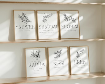 Set of 6 Hebrew Names of God Scripture Prints, Christian Wall Art, EloHim Yahweh El Shaddai Rapha Nissi Jireh, Christian Scripture Wall Art