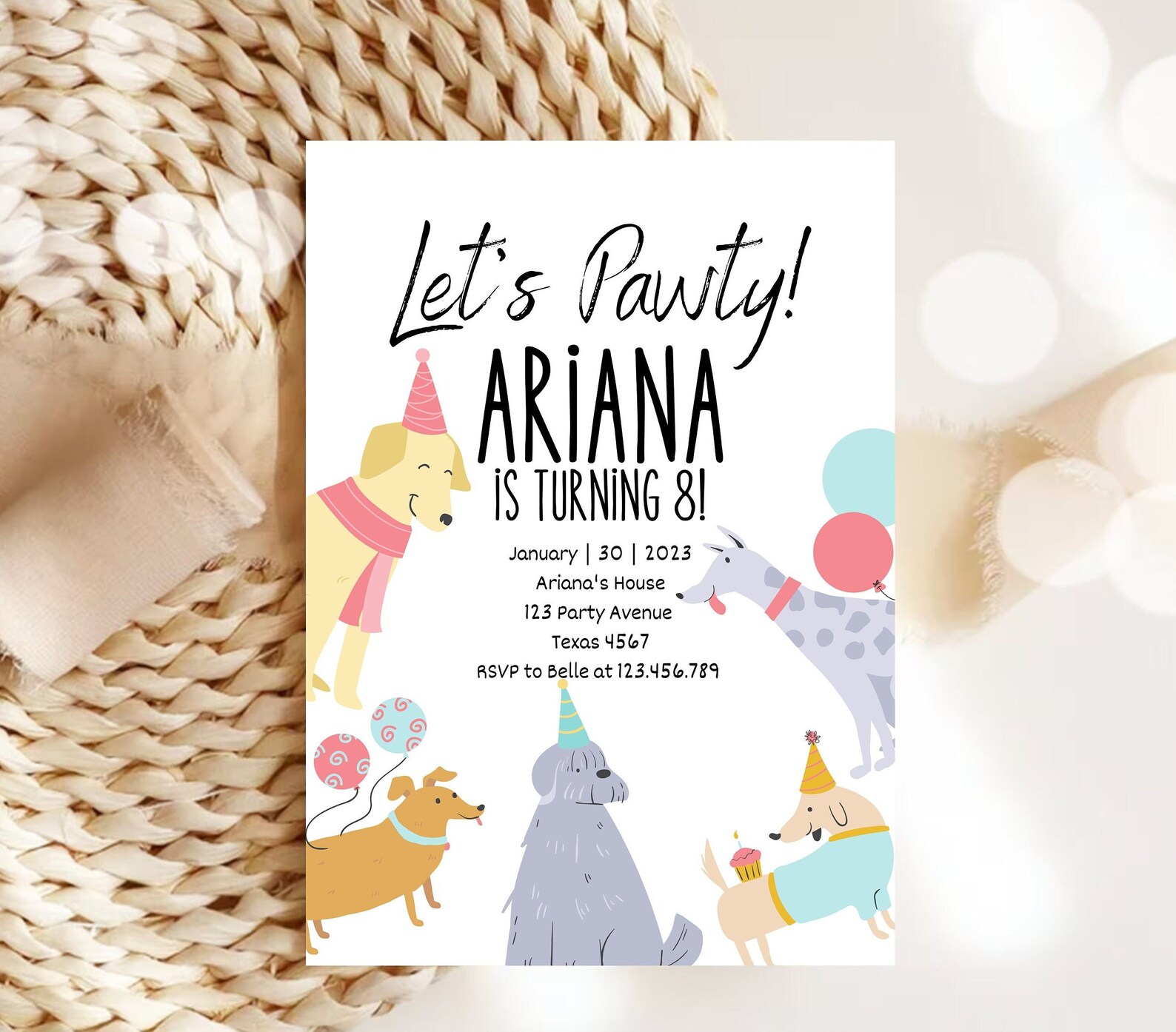 Editable Dog Birthday Party Invitation Puppy Birthday Invite Blue Pink ...