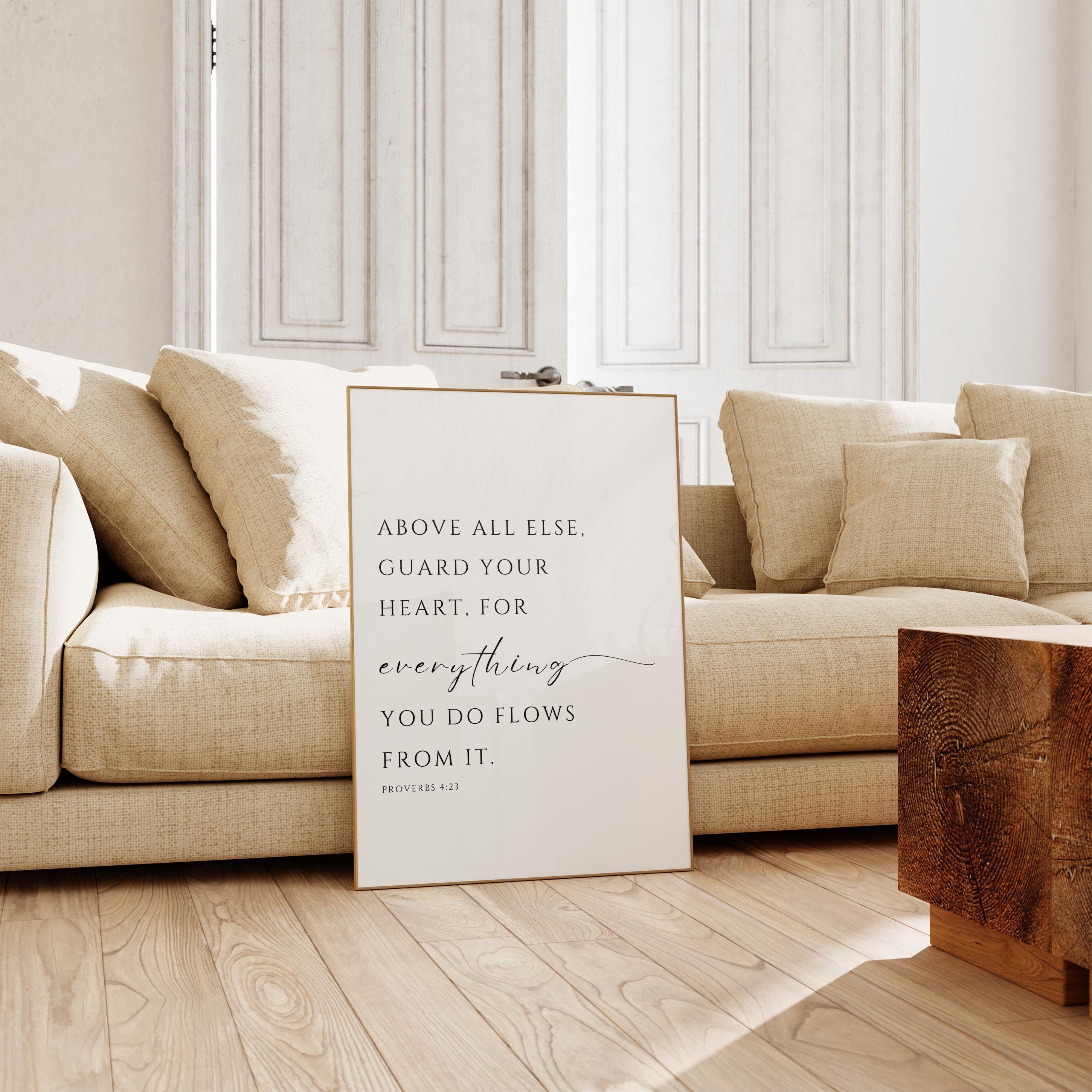 Bewaak vooral je hart, Spreuken 4:23, bijbelvers decor, christelijke slaapkamer print, minimalistische bijbel kunst aan de muur, teken van de Schrift