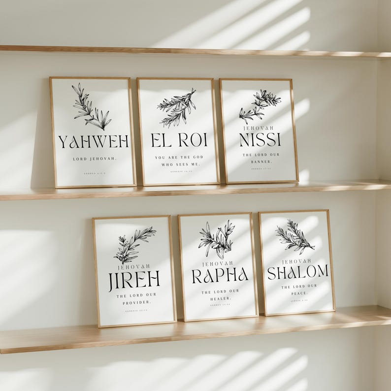 Set of 6 Hebrew Names of God Prints Christian Wall Art El Roi Yahweh ...