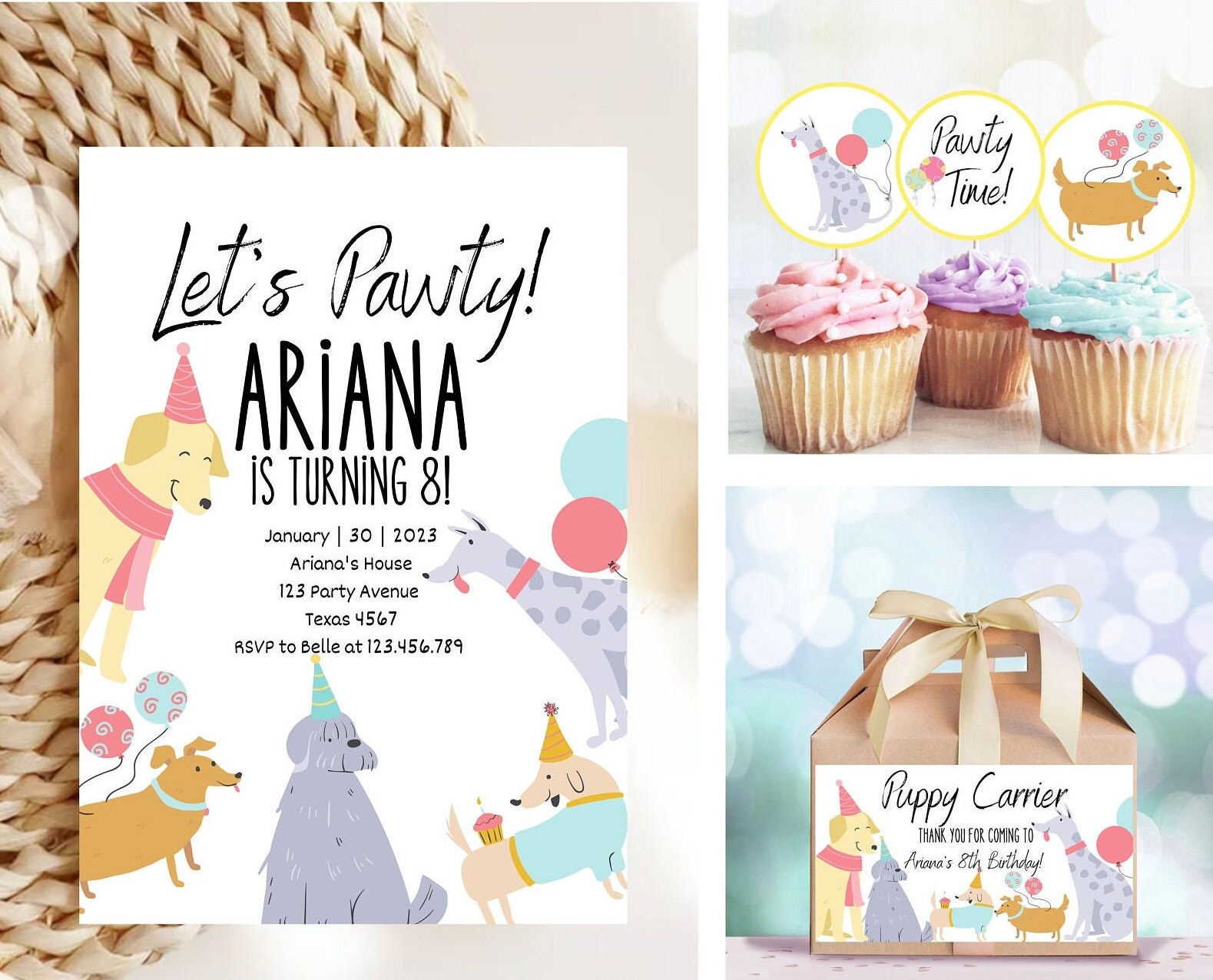 Editable Dog Birthday Party Invitation Puppy Birthday Invite Blue Pink ...