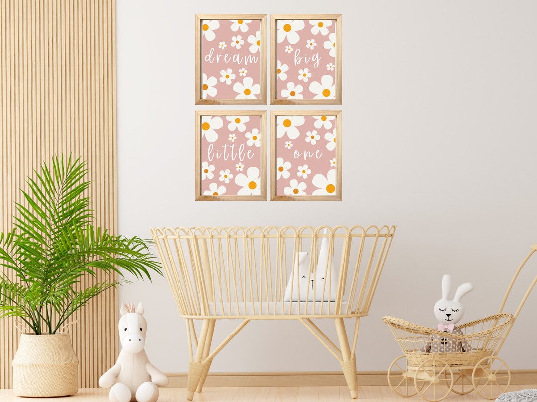 Set of 4 Pink Daisy Nursery Wall Art Boho Daisy Room Decor Etsy