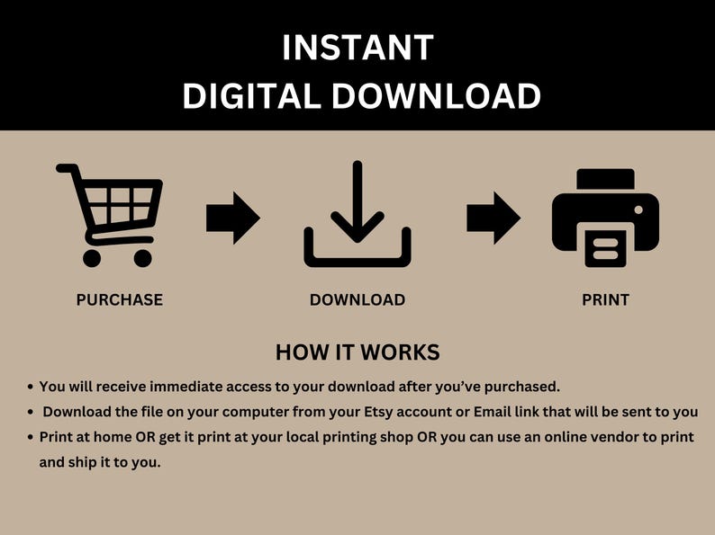 Puede incluir: Un gr&aacute;fico instructivo para una descarga digital instant&aacute;nea con iconos negros de un carrito de compras, una flecha de descarga y una impresora. El texto incluye INSTANT DIGITAL DOWNLOAD, PURCHASE, DOWNLOAD, PRINT y HOW IT WORKS.