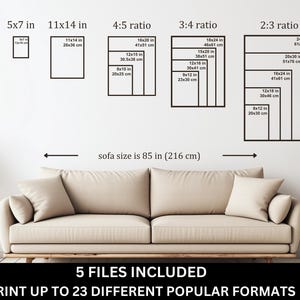Puede incluir: Un sof&aacute; beige de 216 cm de ancho situado bajo un gr&aacute;fico de pared que muestra cinco categor&iacute;as de archivos y 23 formatos de impresi&oacute;n, incluyendo 5x7 in, 11x14 in, relaci&oacute;n 4:5, relaci&oacute;n 3:4 y relaci&oacute;n 2:3 con varias medidas imperiales y m&eacute;tricas.