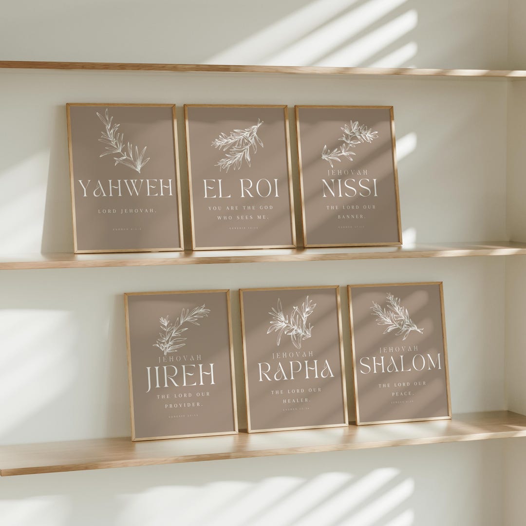 Set of 6 Hebrew Names of God Prints Christian Wall Art El Roi Yahweh ...