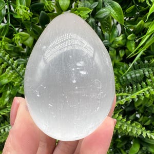 Op de afbeelding: Een glad, wit seleniet eikristal. Het kristal is doorschijnend en heeft een licht troebele uitstraling.