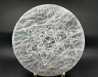 Stunning Natural SELENITE Charging Plate Energy,Grid Sacred Geometry METATRON,flower of Life,Moon Phases Selenite Recharge Stone,protection