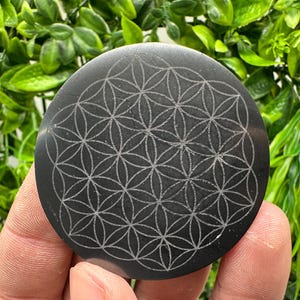 Peut inclure: Pierre d'obsidienne noire avec un motif de fleur de vie gravé. La pierre est ronde et a une surface lisse et polie.