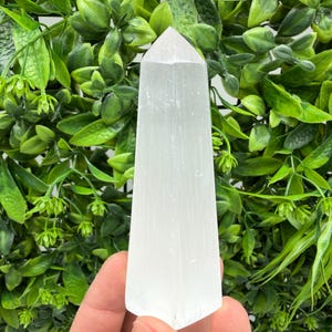 Op de afbeelding: Een hoge, witte seleniet kristallen toren met een puntige top. De kristal wordt vastgehouden voor een achtergrond van groen gebladerte. De seleniet heeft een gladde, doorschijnende uitstraling.