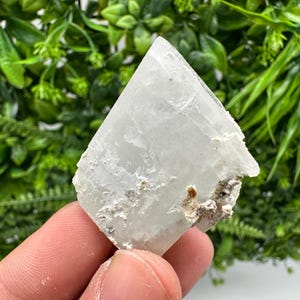Peut inclure: Spécimen minéral cristallin clair avec une surface rugueuse et texturée. La pierre est tenue dans une main sur fond de feuillage vert. Le cristal a une forme triangulaire avec un aspect légèrement opaque.