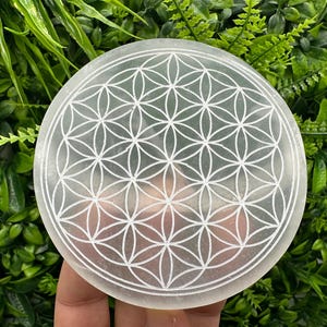 Puede incluir: Un disco de cristal de selenita blanco con un patrón de flor de la vida tallado. El disco tiene un diámetro de aproximadamente 10 cm.