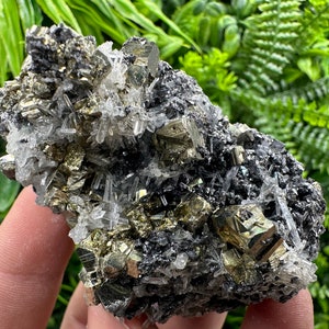 Wonderful Rainbow Pyrite on Sphalerite and Quartz,from Borieva mine,Bulgaria natural minerals souvenir crystal,gift,collectors stone,gift