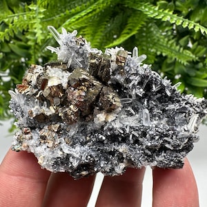 Wonderful Rainbow pyrite,Sphalerite on needles Quartz,natural minerals souvenir crystal gift collection stone,home decor Borieva Bulgaria