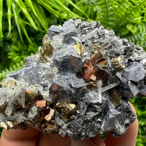Stunning Red Pyrite,mirror Galena on Sphalerite and Quartz,from Borieva mine,Bulgaria,natural minerals,souvenir crystal,collection minerals