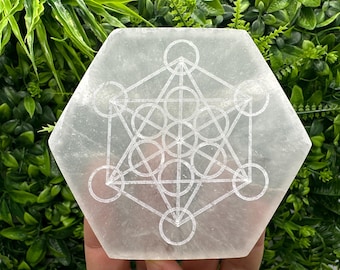 12cm Natural Hexgonal Selenite Charging Plate Energy Grid Sacred Geometry Metatron, Flower of Life,Moon Phases.Selenite Recharge Stone