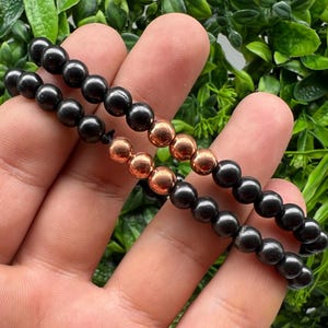 SHUNGITE Bracelet round bead 6 mm on rubber band with 3 Copper bead,women&#39;s bracelet,shungite Bracelet whit Copper,Protection,Healing,shungi