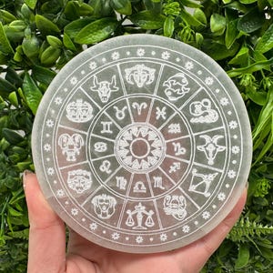 Puede incluir: Una placa redonda de cristal de selenita blanquecina con un diseño detallado de rueda zodiacal. La placa tiene símbolos grabados que representan cada signo astrológico. El fondo es una exuberante disposición de follaje verde.