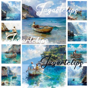 Marinheiro, Barcos, Uma Paisagem Tranquila à Beira-Mar com Barcos e Penhascos, Pintura a Óleo Clipart, Aquarela, Arte de Parede, Uso Comercial, Download Digital