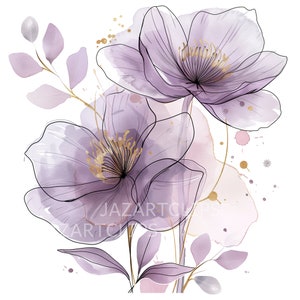 17 Abstract Purple Flowers Clipart, Flowers Print, Printable Watercolor ...