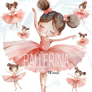 Set di clipart acquerello ballerina, clip art di danza classica per arte della parete della scuola materna, inviti a feste per bambini, baby shower, uso commerciale PNG trasparente