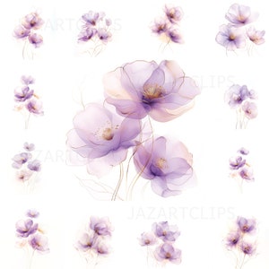 18 Abstract Watercolor Flowers Clip Art,Purple Gold Flowers,Printable  Clip Art, High-Quality PNG,Digital Download,Paper Craft,Junk Journals