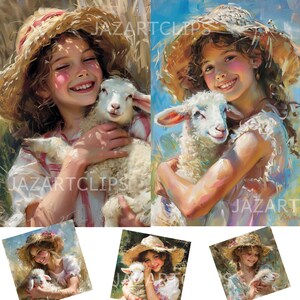 18 Süßes kleines Mädchen und Lamm Clip Art, druckbare Malerei Clip Art, digitaler Download, Papierkunst, Zeitschriften, Clip Art, Kommerzielle Nutzung, Scrapbook