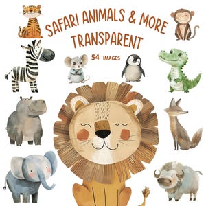 Watercolor Safari Animals & More Clipart,Cute Animals PNG Nursery Print, Printable Watercolor Animal Clipart,Digital Download,Commercial Use