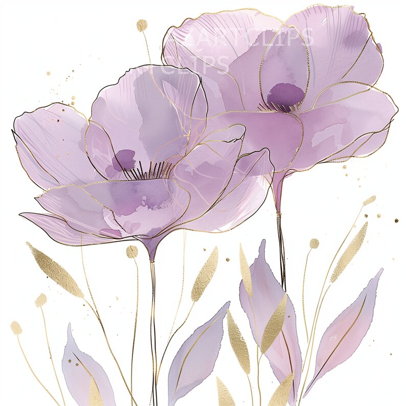 17 Abstract Purple Flowers Clipart, Flowers Print, Printable Watercolor ...