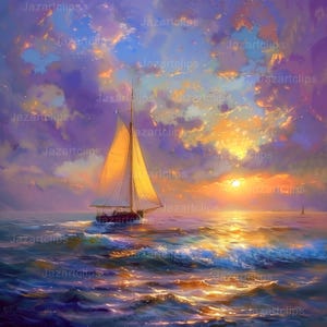 日没、ボート、ボートと日没のある海辺の風景、油絵クリップアート、水彩画、ウォールアート、商用利用、デジタルダウンロード