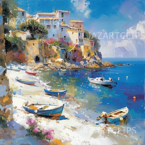 Serenidad costera, un paisaje costero tranquilo con barcos y acantilados, imágenes prediseñadas de pintura al óleo, acuarela, arte mural, uso comercial, descarga digital