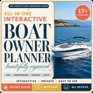 Può includere: Un pianificatore interattivo per proprietari di barche con il testo The Complete Boat Ownership System, All-in-One Interactive Boat Owner Planner, beautifully organised, Fuel, Maintenance, Voyages, Costs, 17+ Planning Areas e Instant Access.